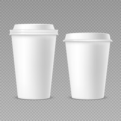 Realistic 3d White Paper coffee cup with plastic lid mockup set isolated on light background.