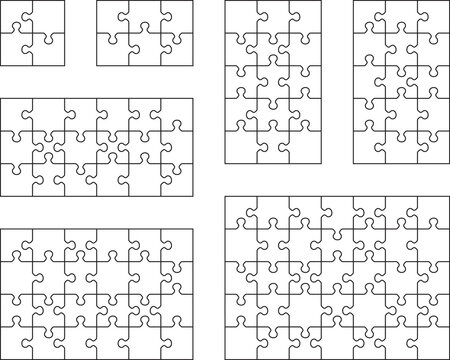Illustration of seven white puzzles, separate parts	

