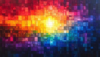 An abstract mosaic, vibrant squares blending from red to purple