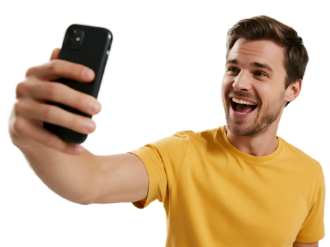 A man in a yellow shirt is taking a selfie using a black smartphone, showing a cheerful expression.