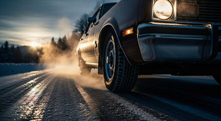 Fototapeta premium Car wheel with snow on a winter tire driving on a slippery road at night. Dangerous driving condition concept footage.