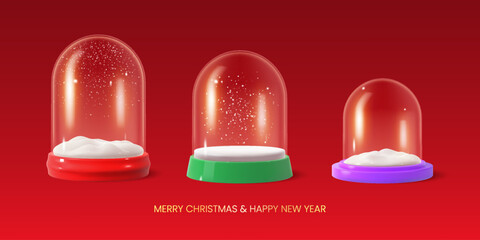 3d realistic empty xmas crystal snow globe set. New Year's decoration isolated on red background. © Cimeries