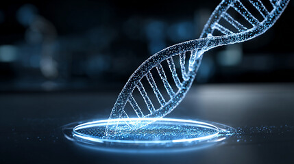DNA strand hologram floating above a laboratory surface, showcasing advanced biotechnology concepts and innovative scientific research in a modern lab environment