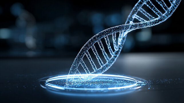 DNA strand hologram floating above a laboratory surface, showcasing advanced biotechnology concepts and innovative scientific research in a modern lab environment