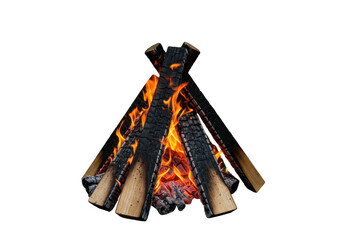 Burning campfire PNG isolated on transparent background, bonfire with flames and logs for camping and outdoor adventure designs