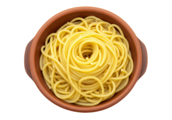 Spaghetti in a terracotta bowl isolated PNG on transparent background, classic Italian pasta dish for restaurant menu and food blog