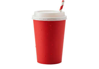 Red paper cup with lid and straw isolated PNG, refreshing drink container for soda, juice, or iced coffee on transparent background