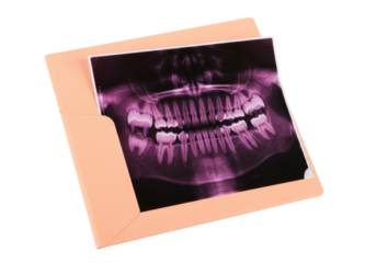 Panoramic dental X-ray in envelope isolated PNG, full mouth teeth scan for diagnosis and treatment planning on transparent background