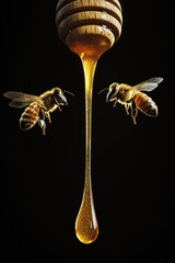 Golden stream of honey dripping from wooden dipper with two realistic bees hovering on black background, macro food concept, natural sweetness, beekeeping theme, copy space for branding, advertising