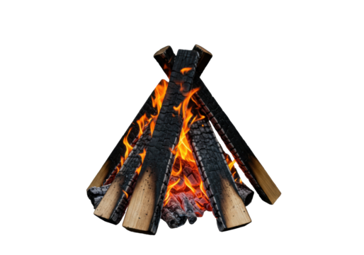 Burning campfire PNG isolated on transparent background, bonfire with flames and logs for camping and outdoor adventure designs