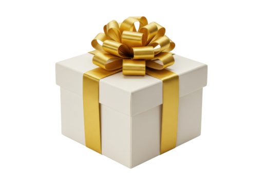 Elegant gift box with golden ribbon and bow isolated PNG, present for special occasions and celebrations on transparent background
