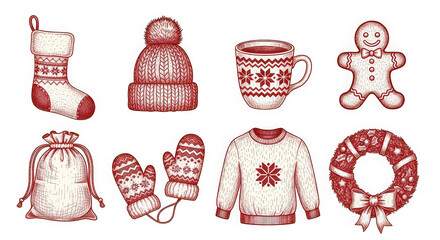 Collection of hand drawn christmas items isolated on transparent background