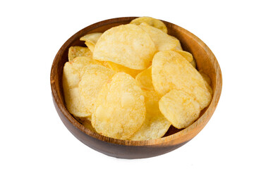 Tasty potato chips in bowl on white background, top view