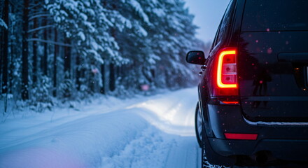 Car with brake light on a snowy road in a winter forest, cold weather travel and holiday season concept footage.
