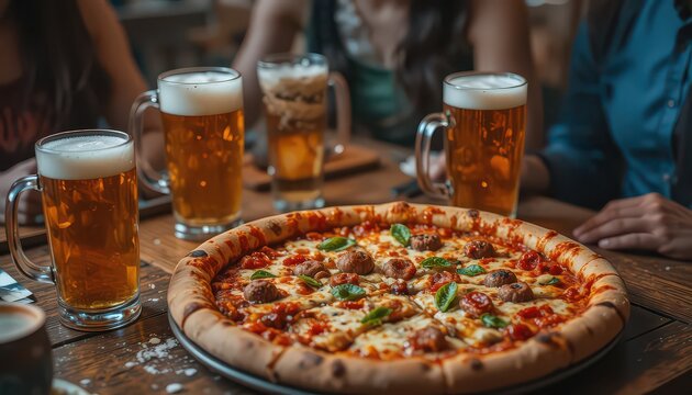 Friends gather for delicious pizza and refreshing beer, sharing laughter and good times around a rustic wooden table in a cozy pub setting. - Powered by Adobe