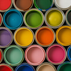 Fototapeta premium Colorful Paint Cans Close-Up | Top View of Assorted Bright Paints for Art, Design, Renovation and Creative Projects