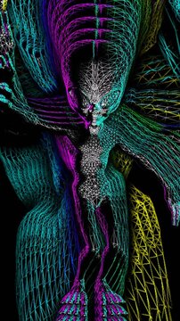 Seamless vertical video loopable animation of a rainbow metal alien dancing with echo effect