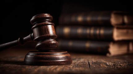 Wooden judge gavel and sound block on a table with law books in background