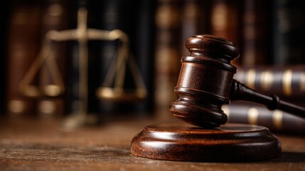 Wooden judge gavel and sound block on a table with law books in background