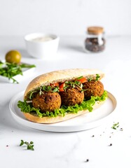 Falafel sandwich on a white plate with ingredients surrounding it