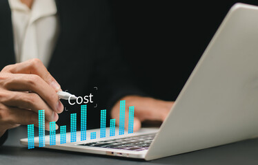 Cost reduction concept. Business pointing down arrow of the graph with cost reduction business finance on virtual screen. Business, technology, cost management, cut budget.
