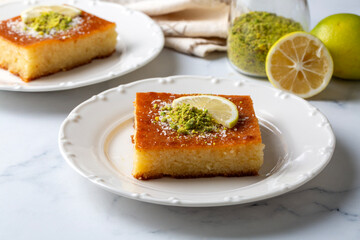 Revani - sweet semolina cake with pistachio, traditional turkish dessert
