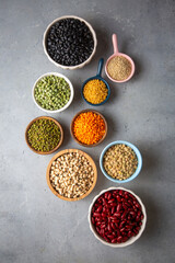 Legumes, a set consisting of different types of beans, lentils and peas