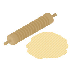 Norwegian traditional soft flatbread with rolling pin - hand drawn isometric vector illustration.