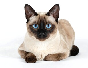 A striking feline with a beautiful coat and captivating blue eyes, relaxed