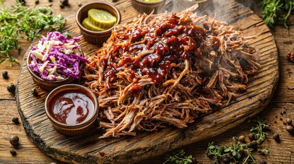Delicious pulled pork with barbecue sauce served on rustic wooden board with coleslaw and pickles - perfect comfort food meal