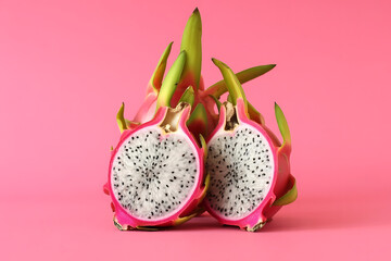 Delicious cut and whole dragon fruits (pitahaya) on pink background