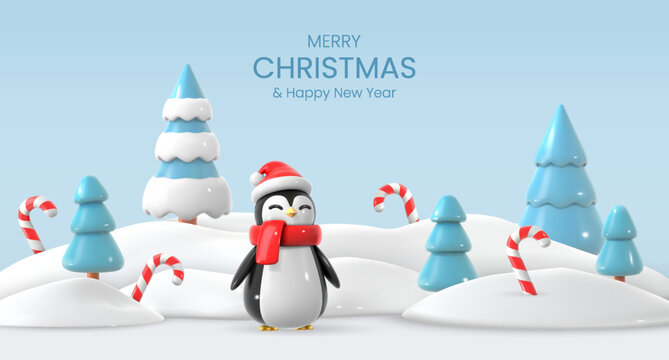 Merry Christmas background with cute penguin, candy cane, christmas trees and snowdrifts. Bright winter festive composition