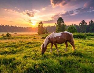 A grazing horse in a vibrant meadow during sunset