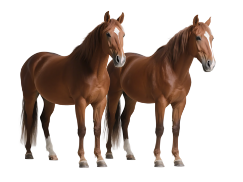 Two brown horses with sleek coats are standing side by side, showcasing their elegant forms.