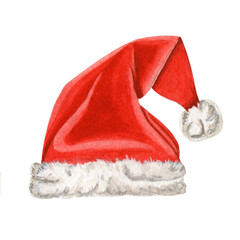 Watercolor santa claus red hat isolated  on white background.