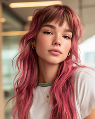 Captivating portrait of a young woman with a vibrant pink shag haircut, embodying modern youth culture and street style with dewy skin.