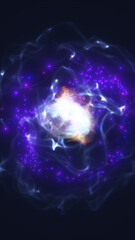 Abstract cosmic explosion with glowing white energy core and surrounding purple sparks in deep space