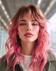 A fashion-forward look: young woman with an autumn pink shag hairstyle, glowing skin, and a confident gaze, perfect for beauty editorials.