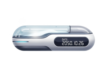 Futuristic digital device displaying 2050 date with sleek metallic and translucent casing