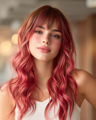 Trendy beauty shot featuring a stylish girl with layered pink hair, fresh makeup, and a contemporary fashion sensibility in an urban setting.