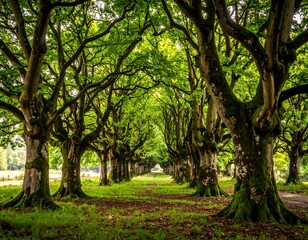 Obraz premium A perspective down a tree-lined path, arching green canopy overhead