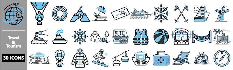 A collection of 30 blue and black outline icons representing various travel and tourism activities and objects, including mountains, beaches, ships, skiing, and camping.