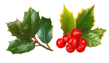 Two holly sprigs with red berries