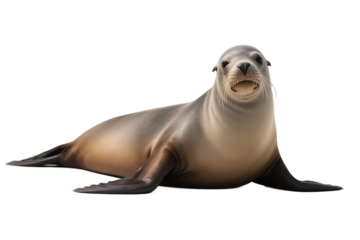 A sea lion is lying on the ground with a relaxed posture, showing its teeth, belonging to marine wildlife.