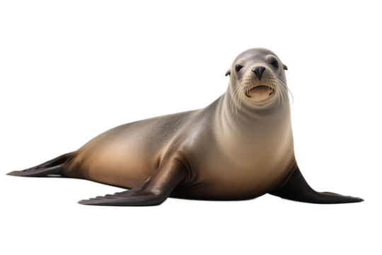 A sea lion is lying on the ground with a relaxed posture, showing its teeth, belonging to marine wildlife.