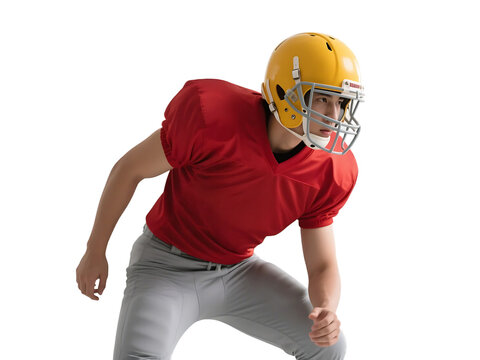A male American football player in red uniform and yellow helmet is in a ready-to-play stance.