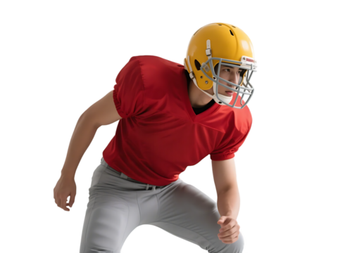 A male American football player in red uniform and yellow helmet is in a ready-to-play stance.