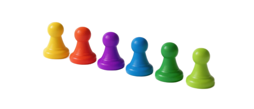 A row of colorful plastic game pieces used for board game activities, showcasing various bright colors.