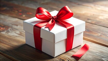 White gift box tied with a bright red satin bow on a rustic wooden surface, softly lit