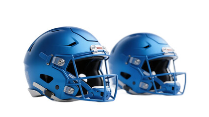 Fototapeta premium Two blue American football helmets designed for sports, providing protection and safety during athletic activities.